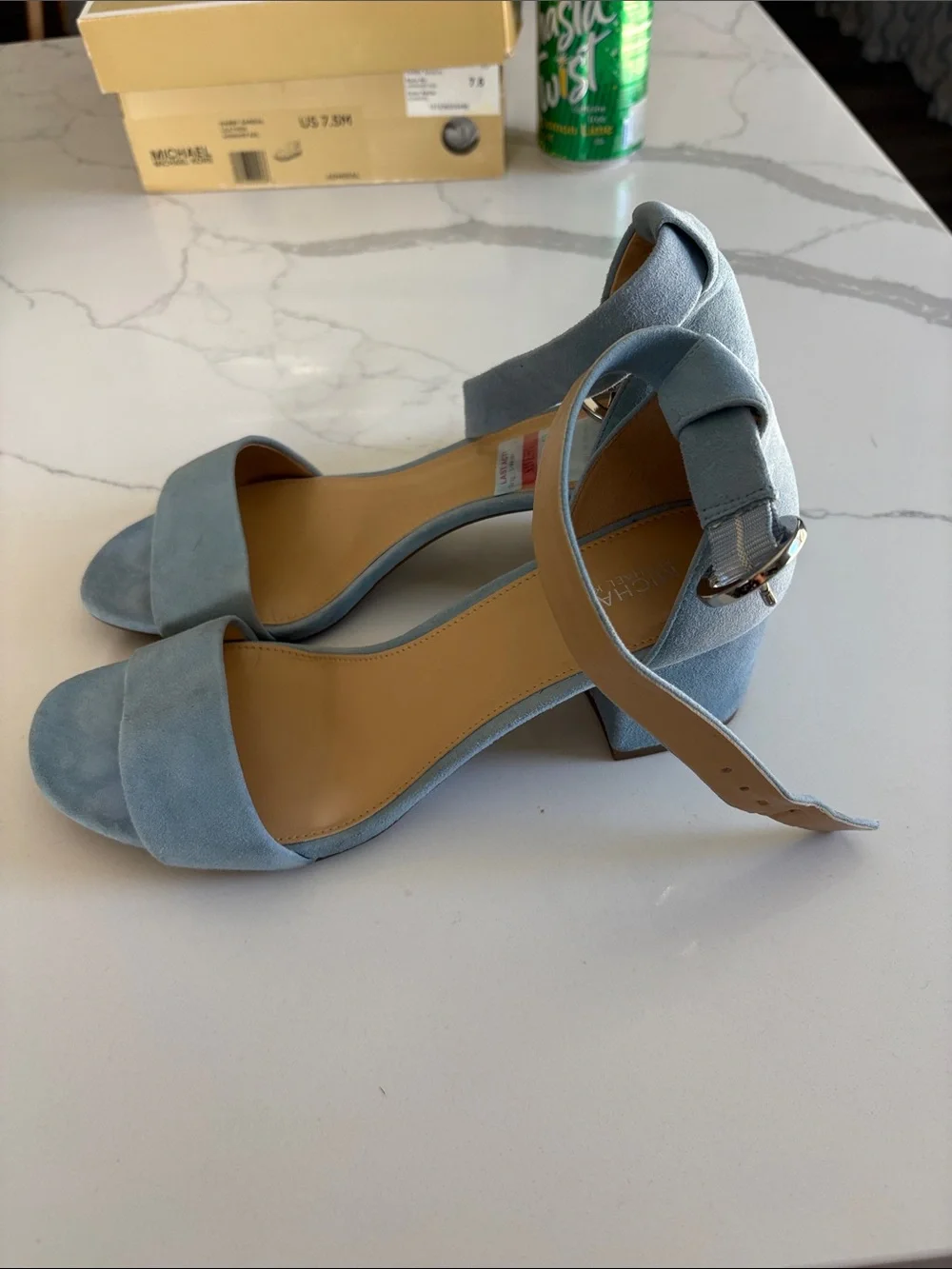 Michael Kors Powder Blue Suede Block Heel Sandals with Ankle Strap sz 7.5.